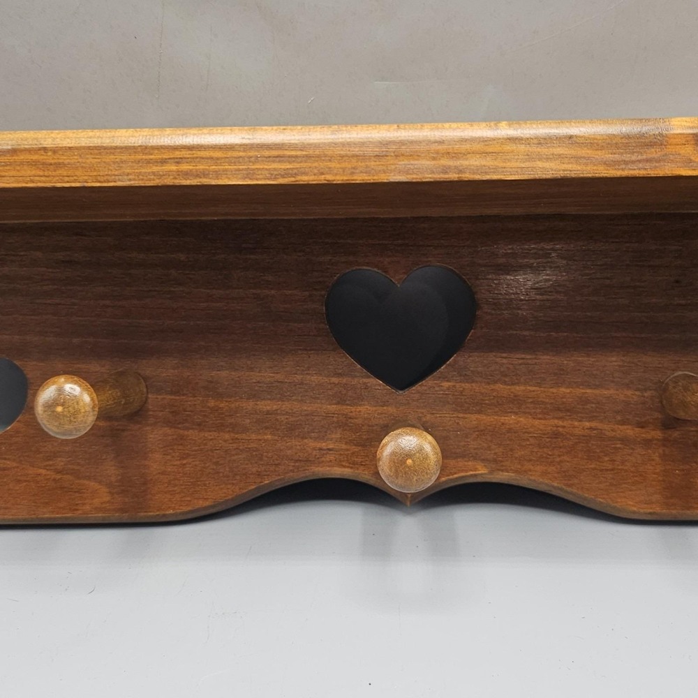 Vintage Cottagecore Wood Shelf Coat Rack Hearts Cutout 3 Pegs 22" Grandmacore - Picture 3 of 13